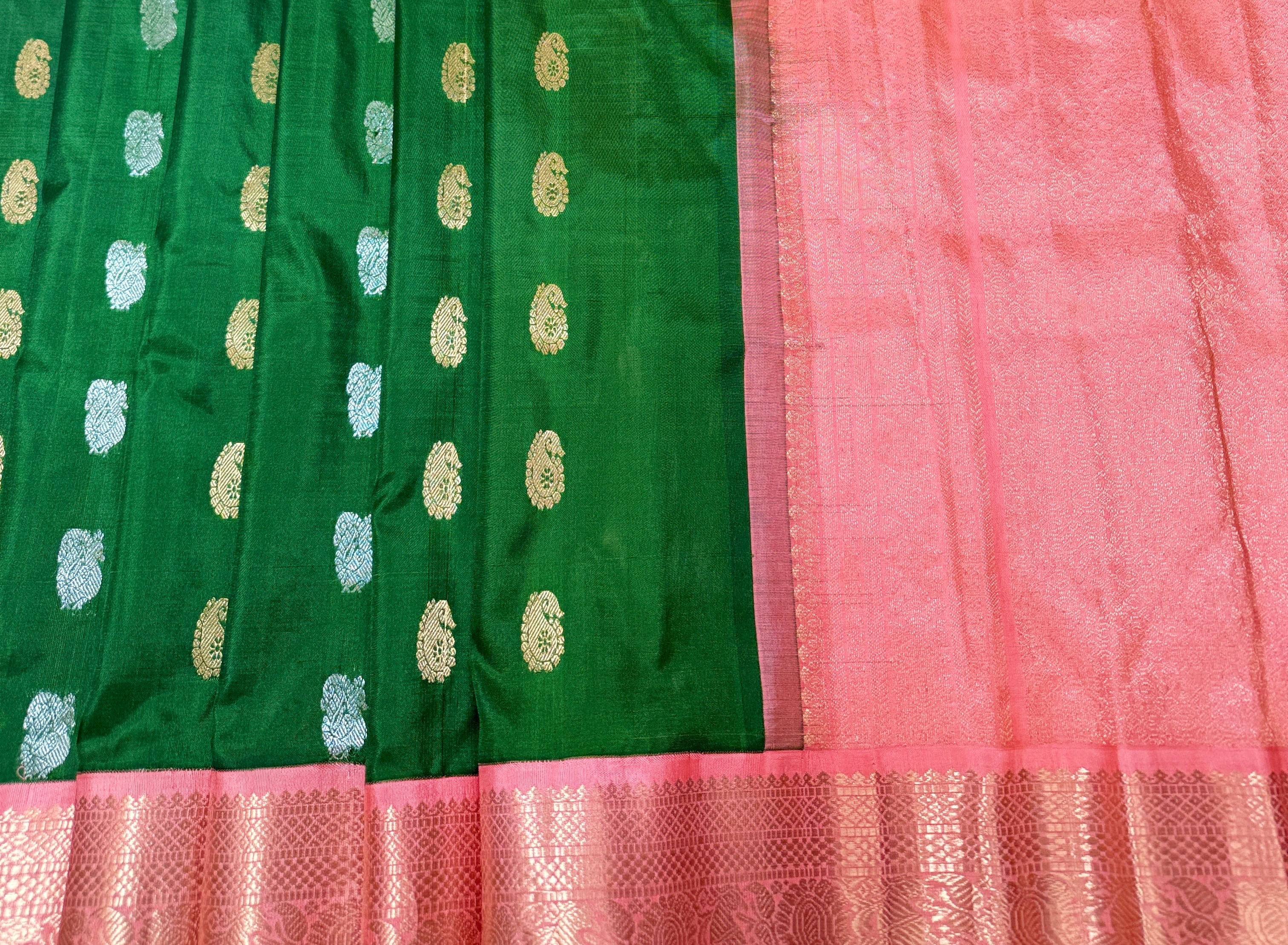 Kausalya Gadwal Pattu Saree with Kanchi Border woven Silver and Gold buttas  and korvai border