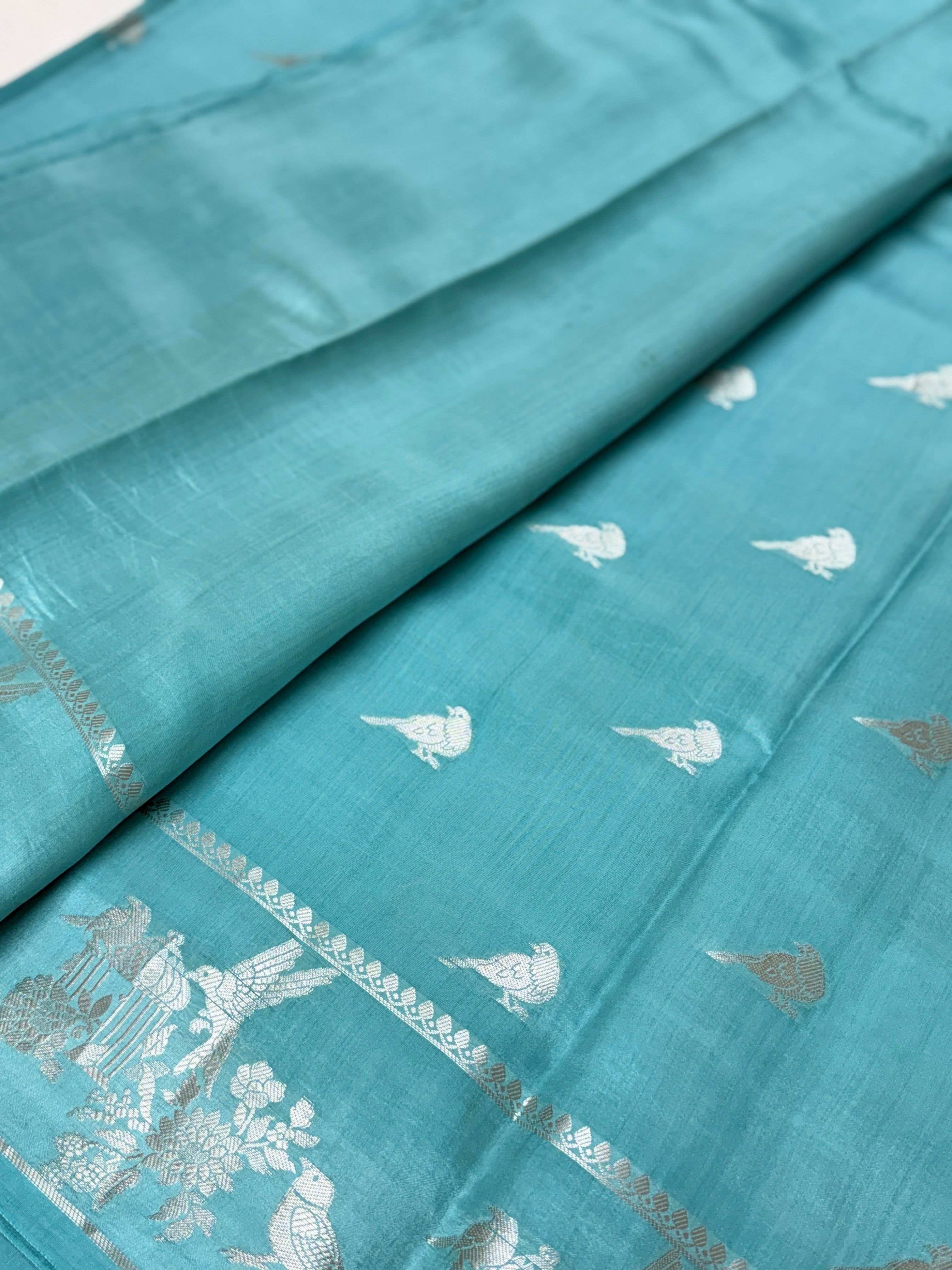 Teal Blue Katan Silk Saree with Silver Zari Bird Motifs