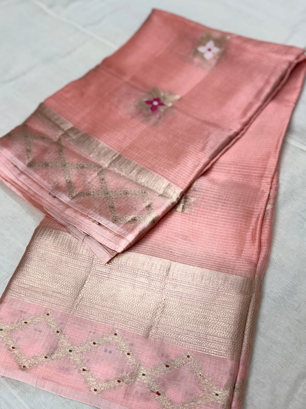Pastel Pink Silk Kota Saree with Floral Buttis & Gold Zari Border