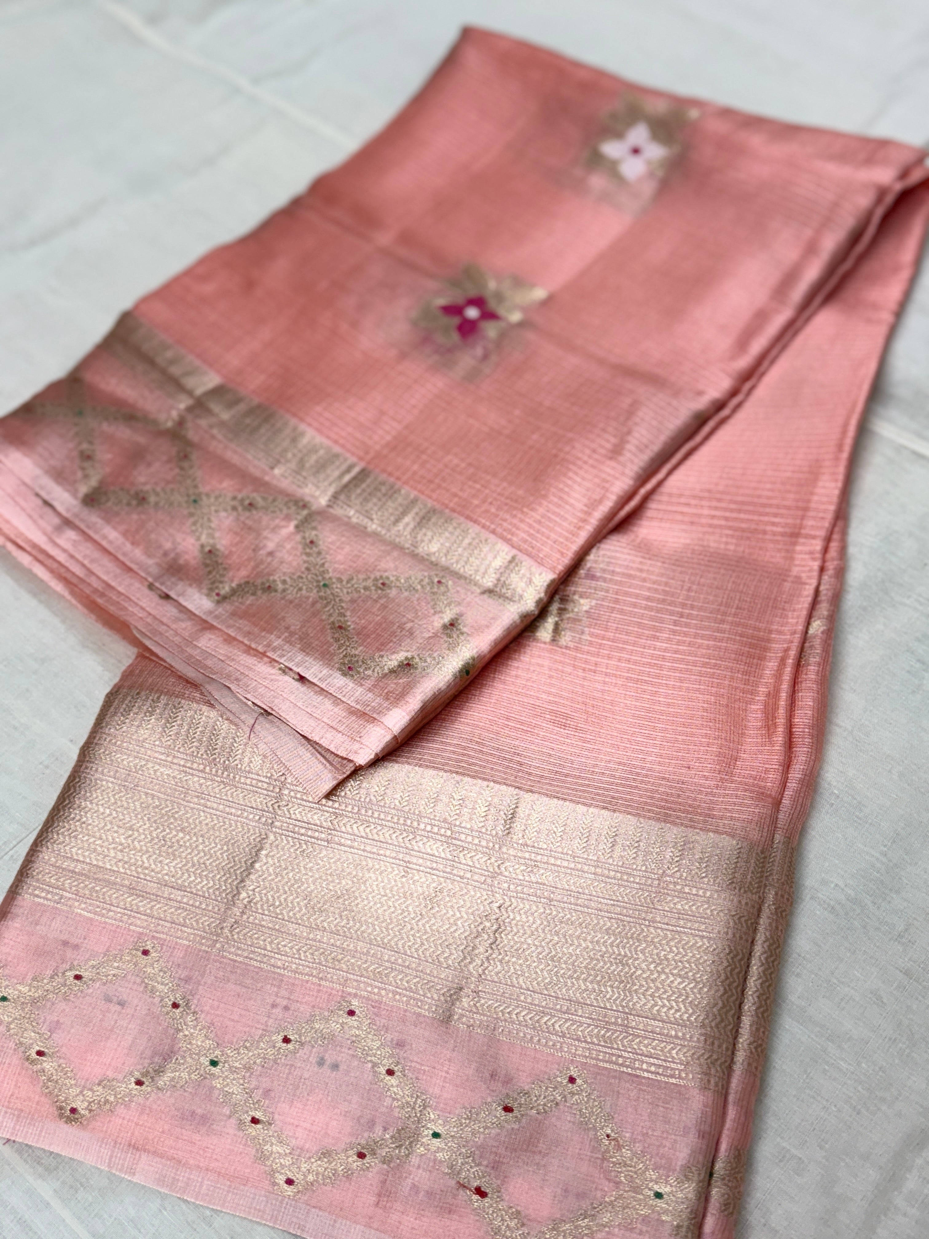 Pastel Pink Silk Kota Saree with Floral Buttis & Gold Zari Border
