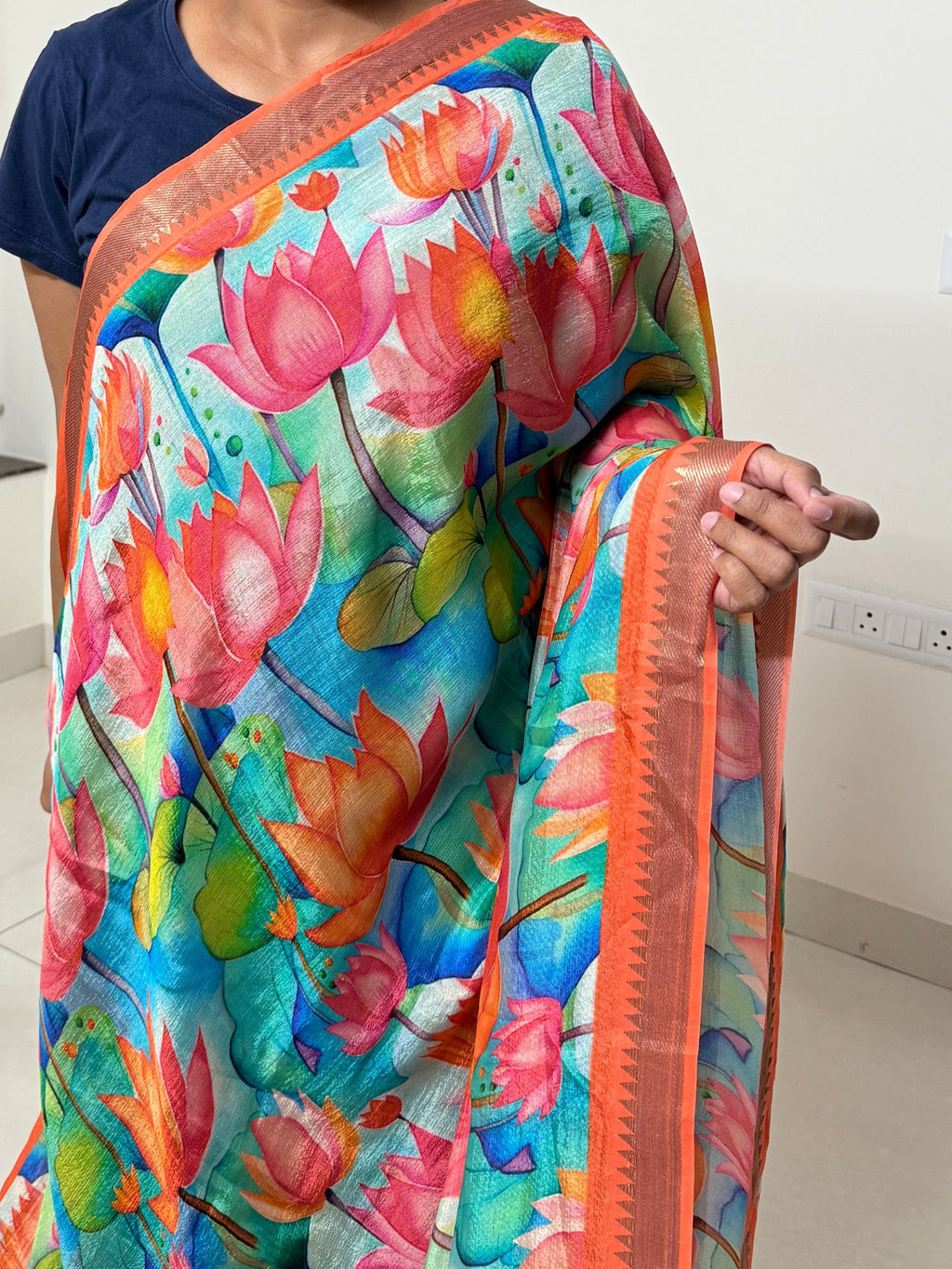 Digital printed Mangalagiri Saree with Lotus print