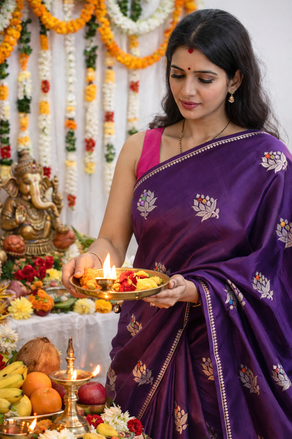 Deep Purple Premium Katan Silk Saree with Silver Zari Floral Motifs