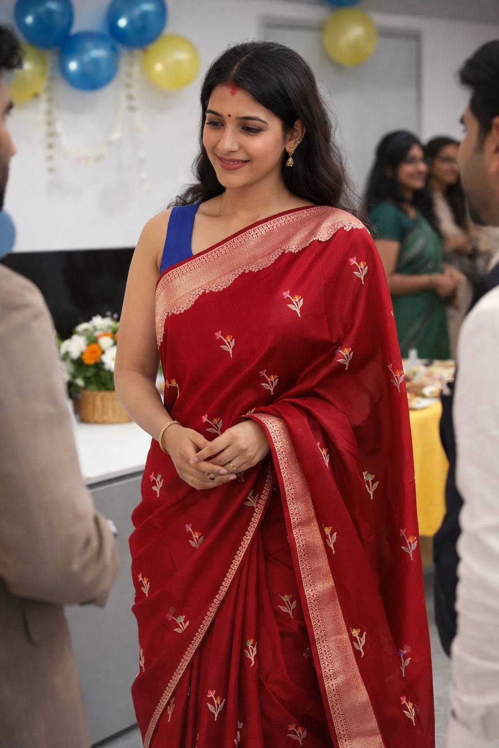Red Katan Silk Saree with Colourful Floral Buttis