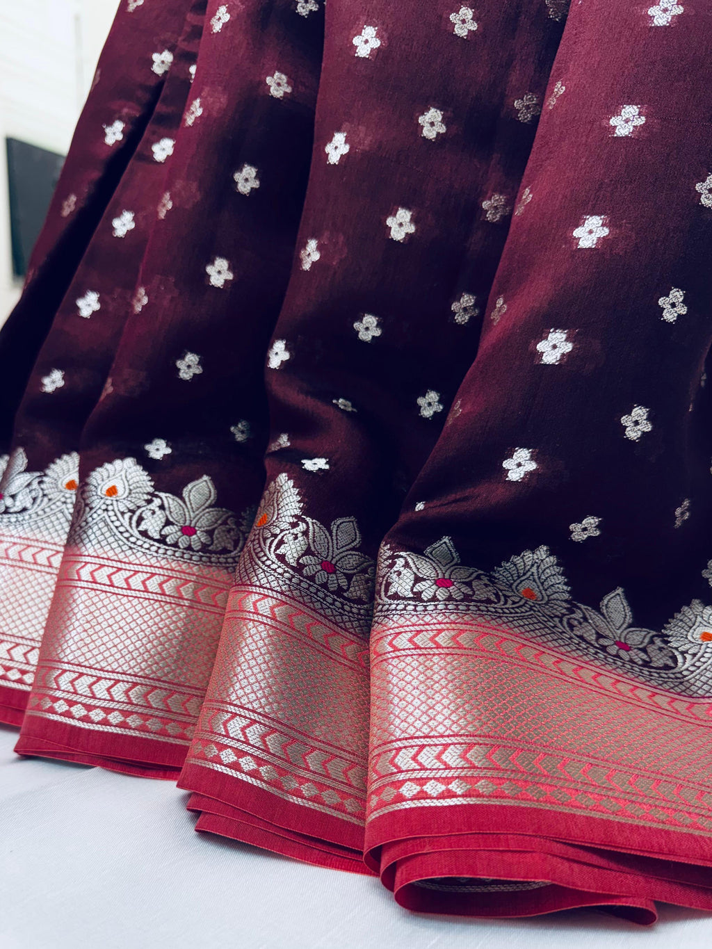 Raw Mango Chocolate Brown Saree with Floral Buttis