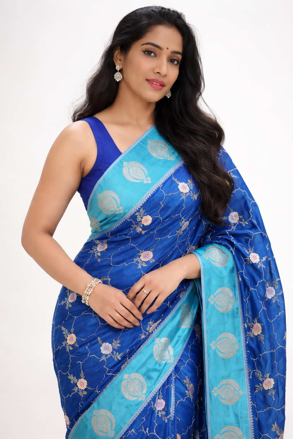 Blue Banarasi Katan Silk Saree with Jaali Pattern & Floral Buttis
