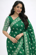 Bottle Green Katan Silk Saree with Silver Zari Bird & Floral Border
