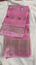 Pastel Pink Pure Handloom Silk Kota Saree with Gold Border & Lotus Motifs